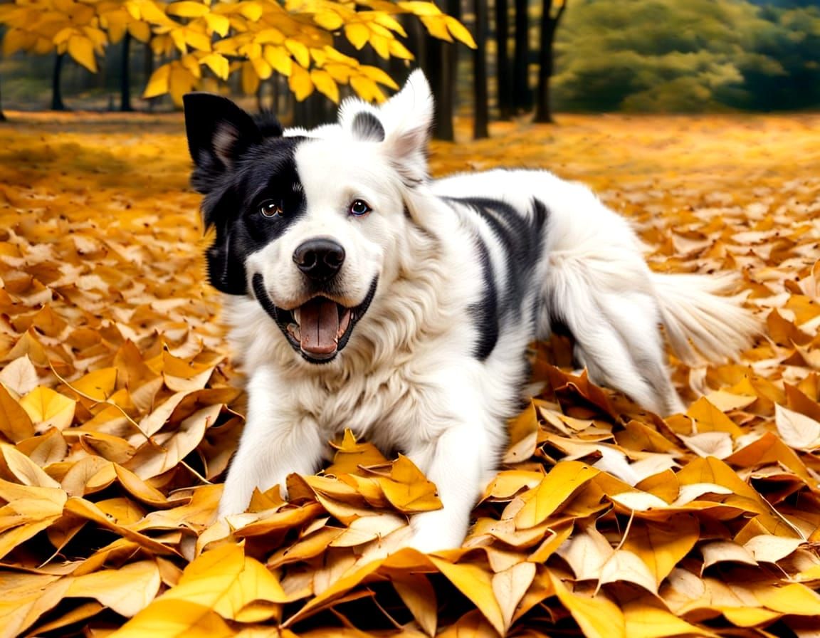 Large Dog Amidst Autumn Leaves in Joyful Moment