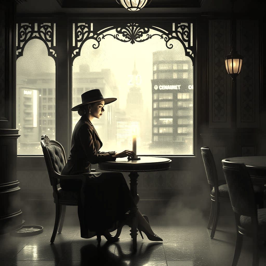 Film Noir Café Scene in 1920s Triadic Colors