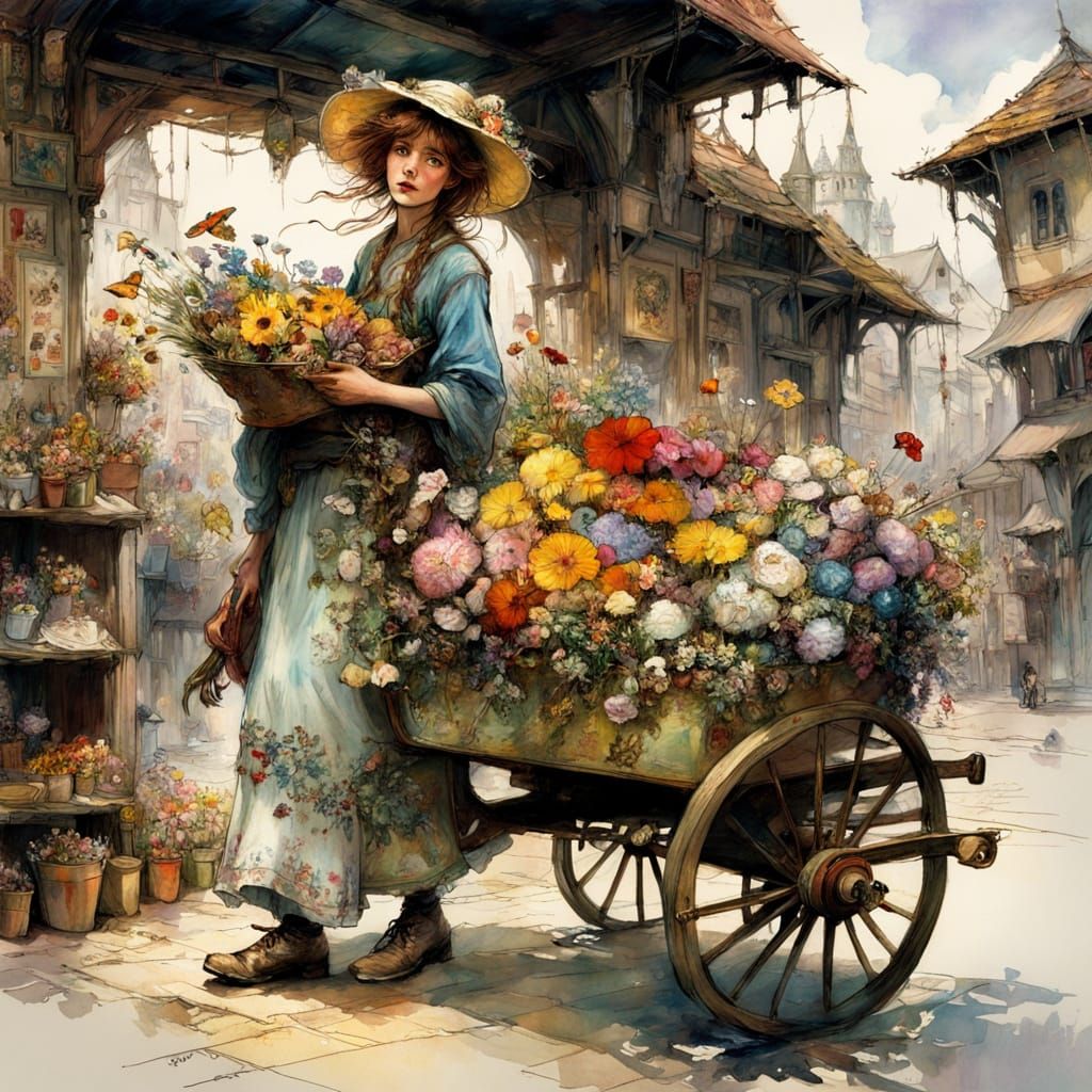 Flower Seller with Wagon in Detailed Fairy-tale Style