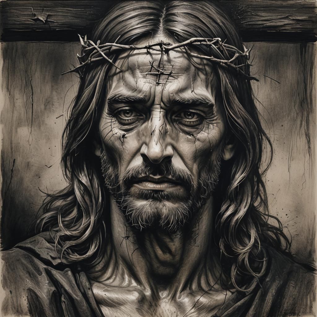 Sorrowful Jesus Christ Charcoal Drawing