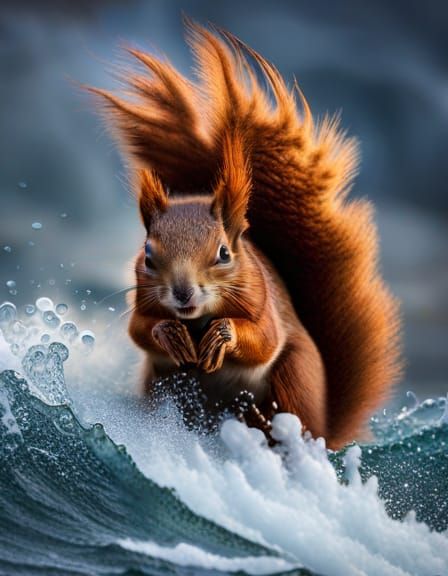 Pirate Squirrel Surfing Stormy Seas: Detailed Fantasy Photo