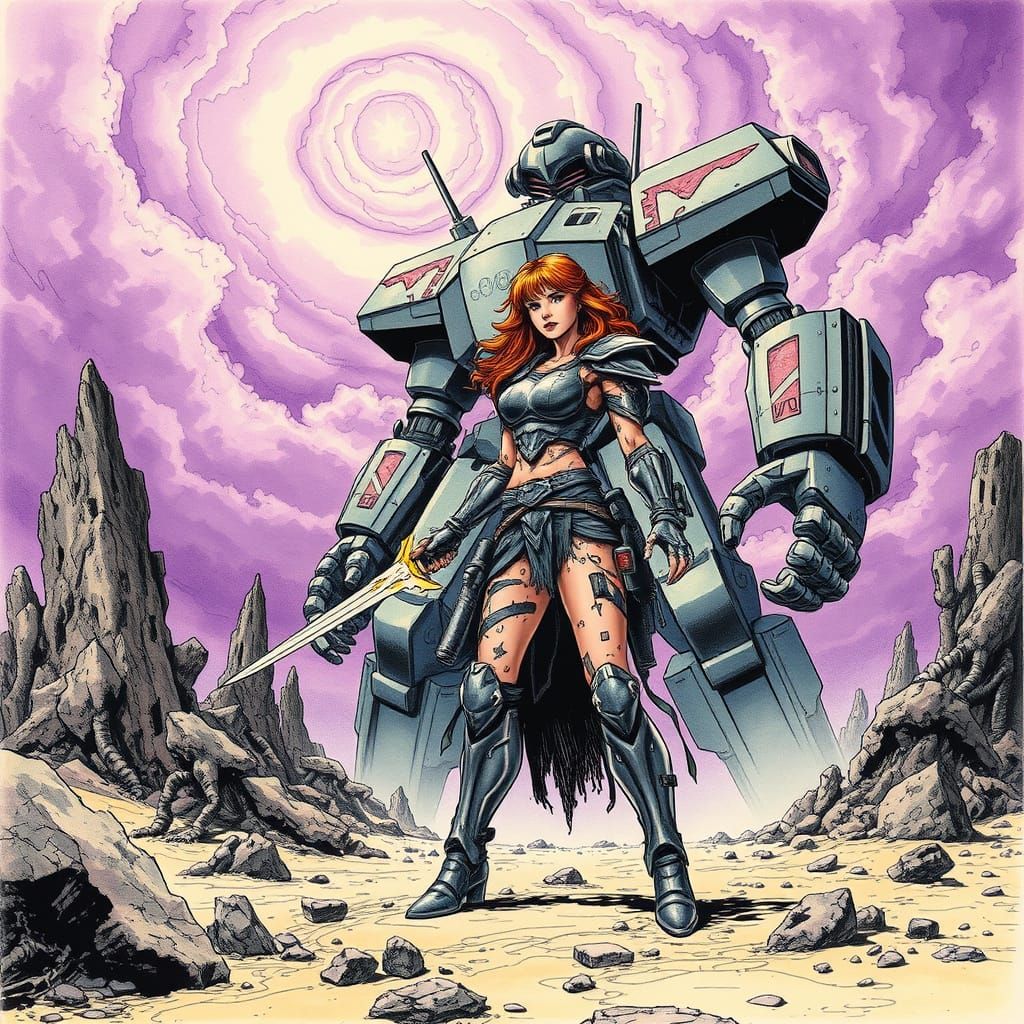 Female Warrior on Alien Battlefield with Robot Protector