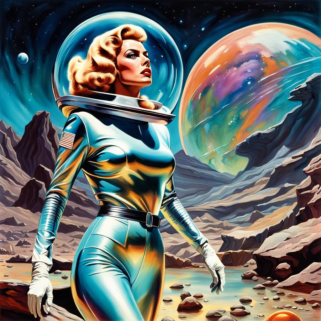Retro-Futuristic Astronaut Exploring Alien Planet
