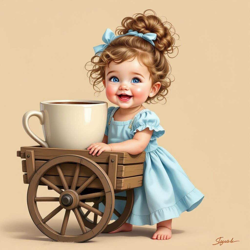 Cheerful Toddler with Coffee Mug in Rustic Cart