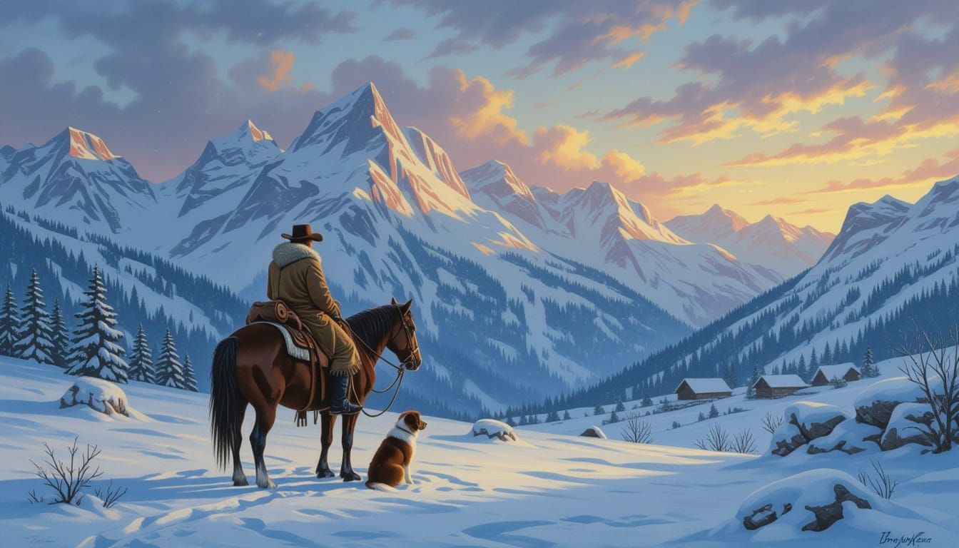 Cowboy, Horse, and Dog on Snowy Winter Day