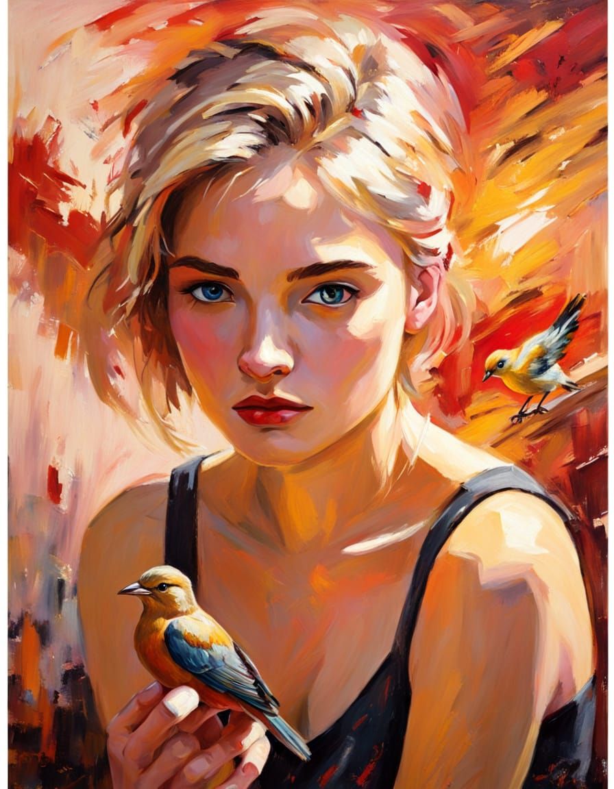 Teenage Girl with Bird in Impressionist Oil Painting