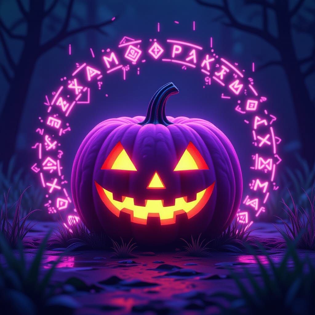 Arcane Pumpkin with Neon Glyphs in Dark Environment