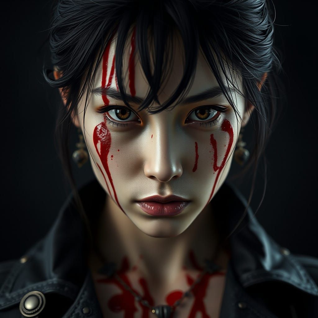 Dark, Photorealistic Portrait of a Young Asian Woman with In...