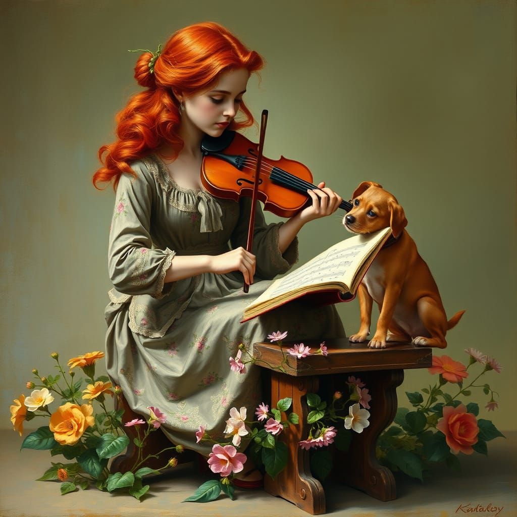 Rousse Violinist in Whimsical Garden Scene