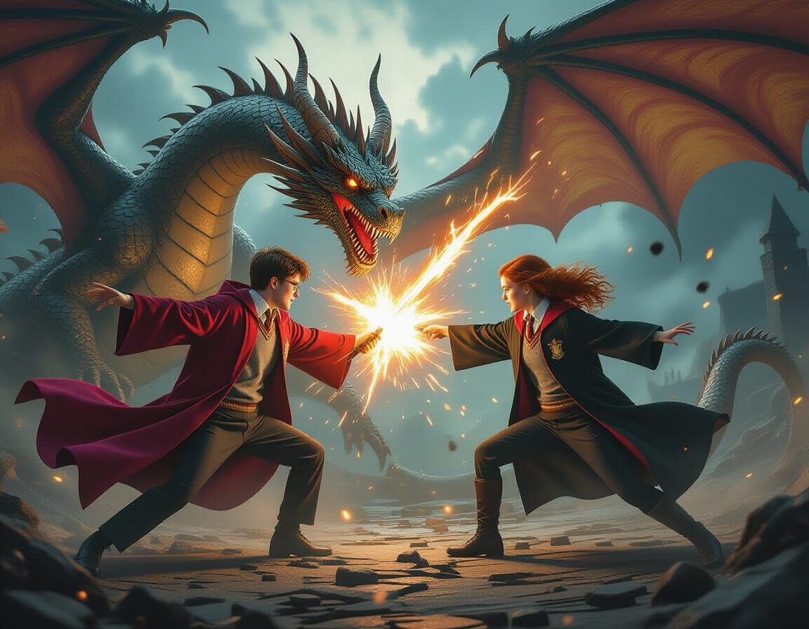 Intense Duel with Dragon in Surreal Oil Painting Style