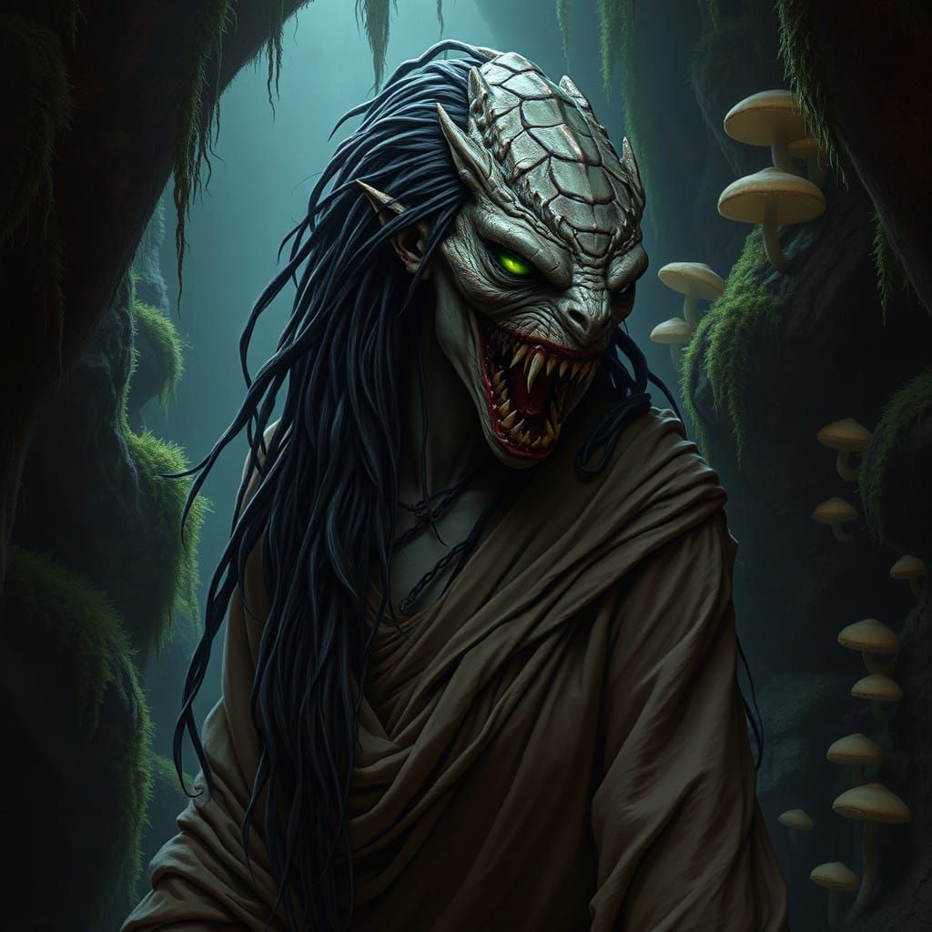 Eldritch Serpentine Goddess in Biomechanical Cavern