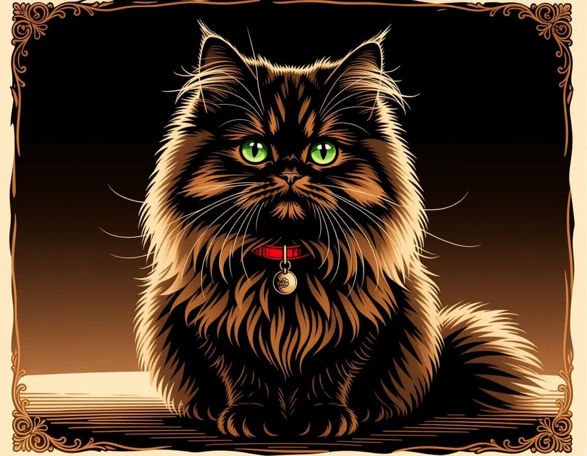 Persian Cat Portrait in Scratch Art Style