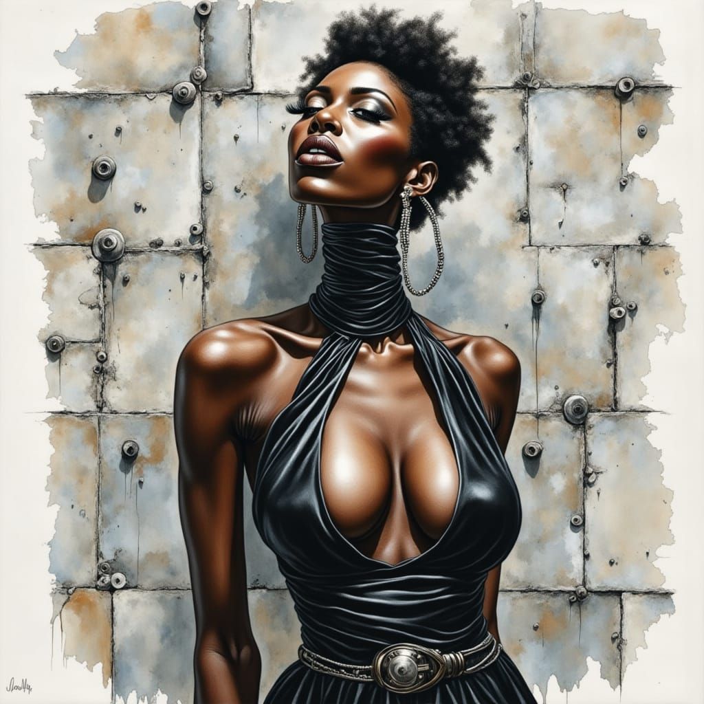 Glamorous Black Model Poses Against Urban Concrete Wall