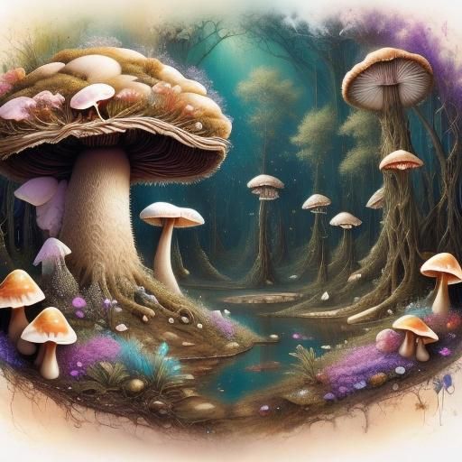 Fungal Swamp in the Style of Alphonse Mucha