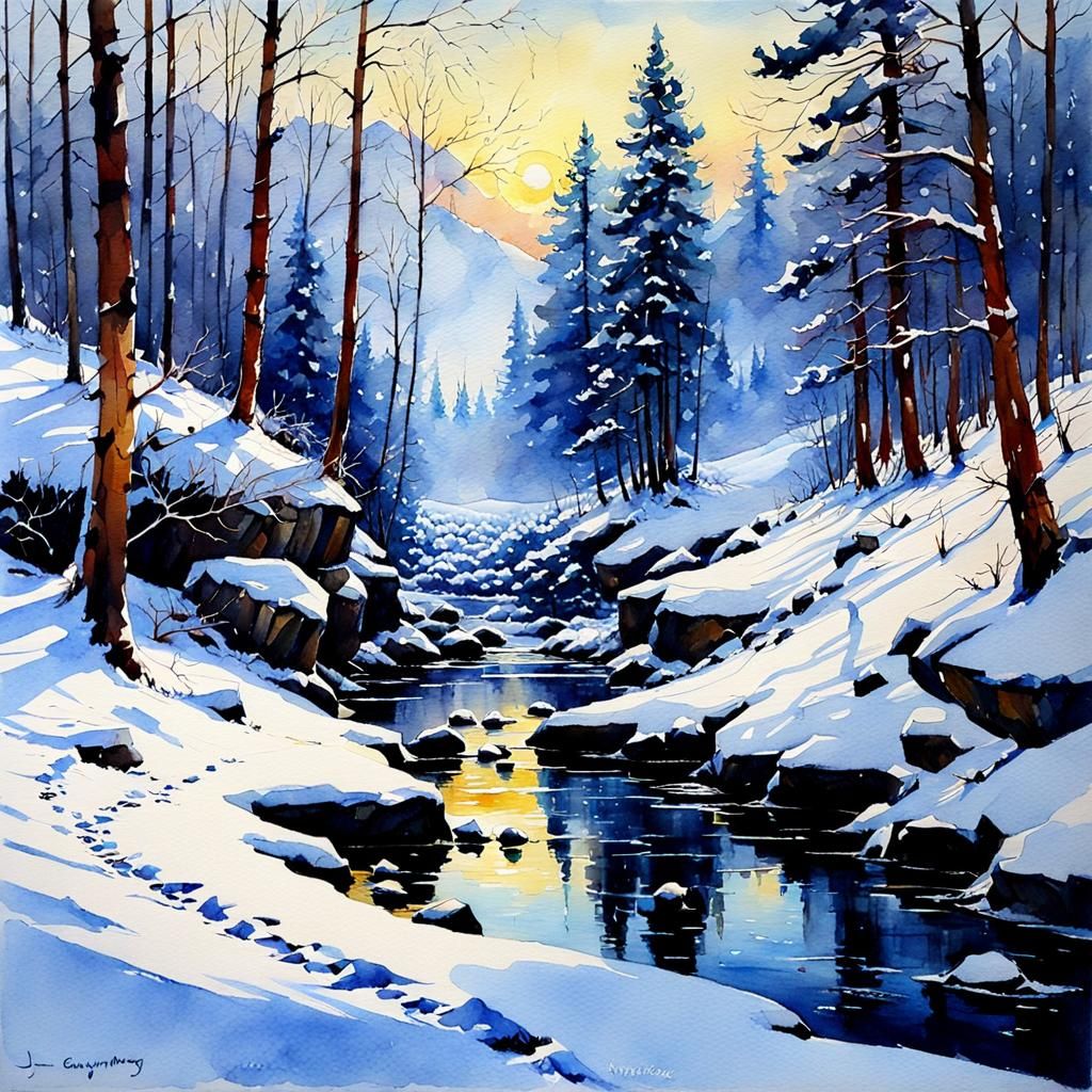 Magical Snow Watercolor Painting in Oil Style