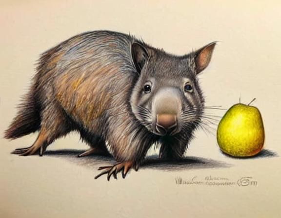 Wombat and Quince in Colored Pencil Sketch
