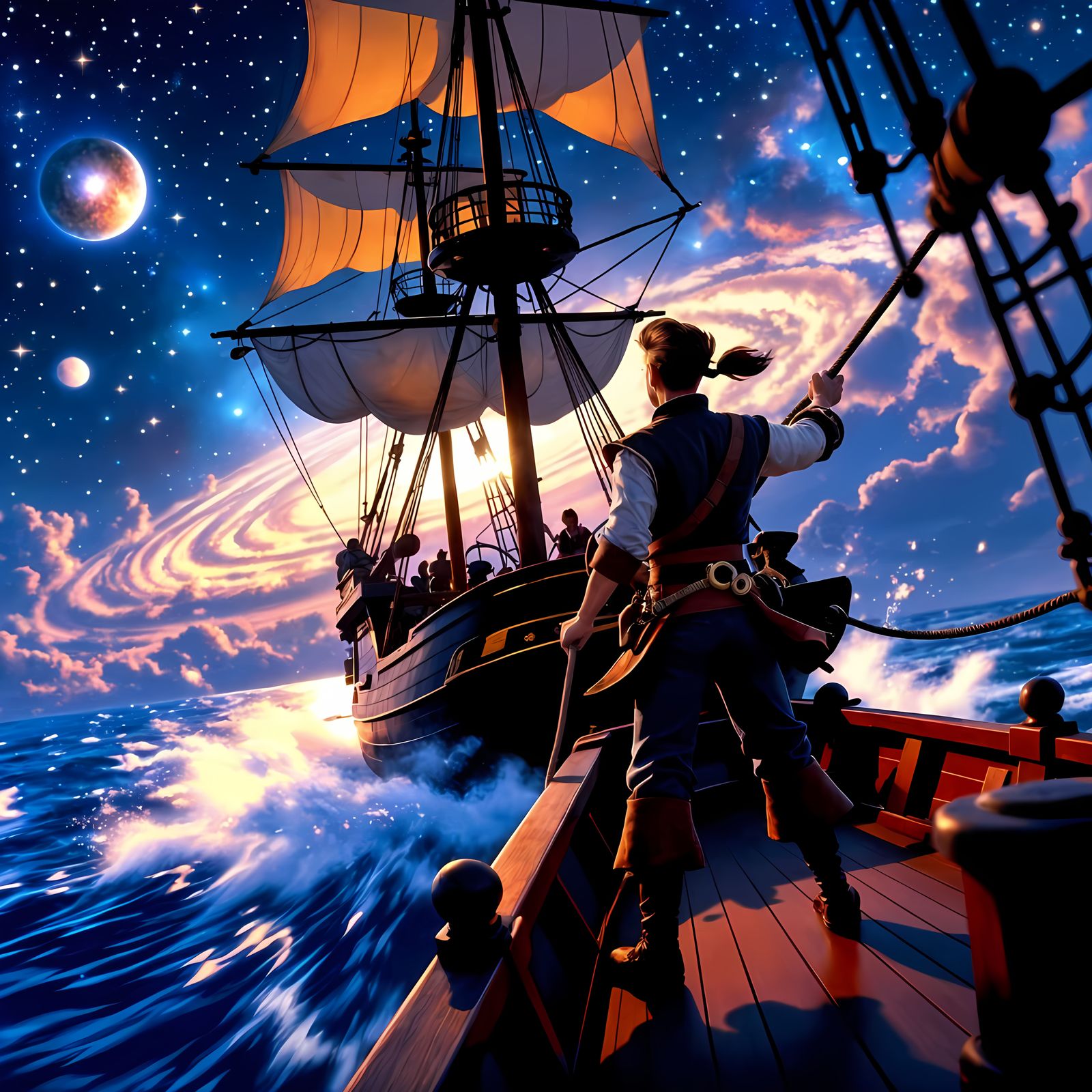 Treasure Planet Ship Sailing Galaxy in Hyperrealistic Style