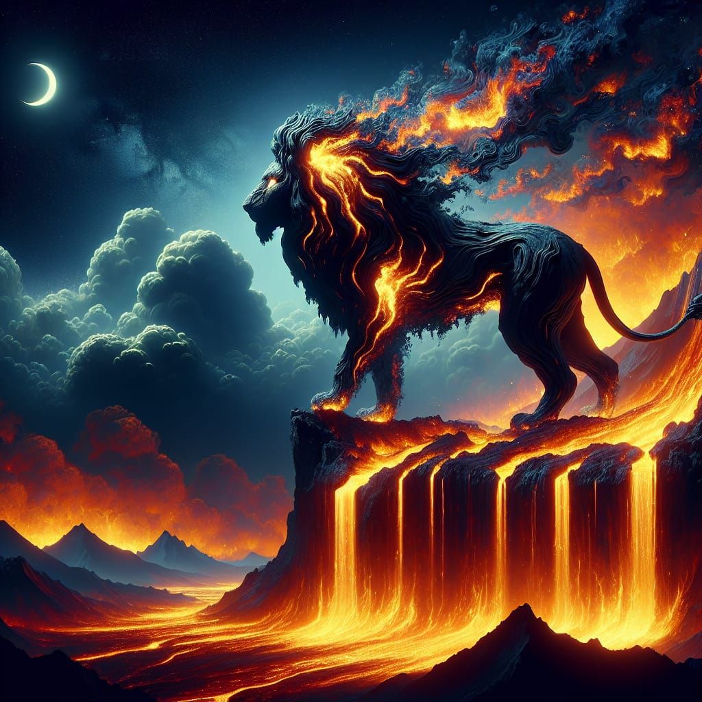 Obsidian Lion Roars Atop Fiery Volcano