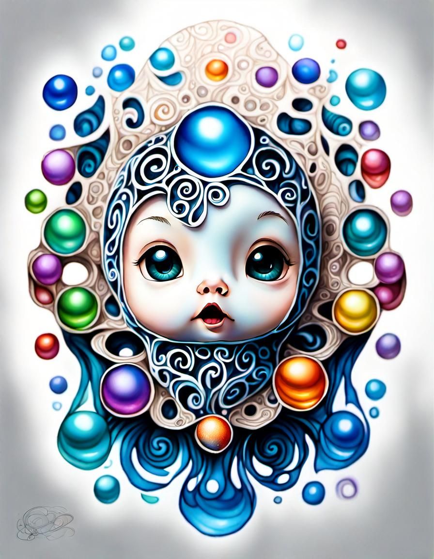 Hyperrealistic Chibi Figure with Hallucinogenic Filigree