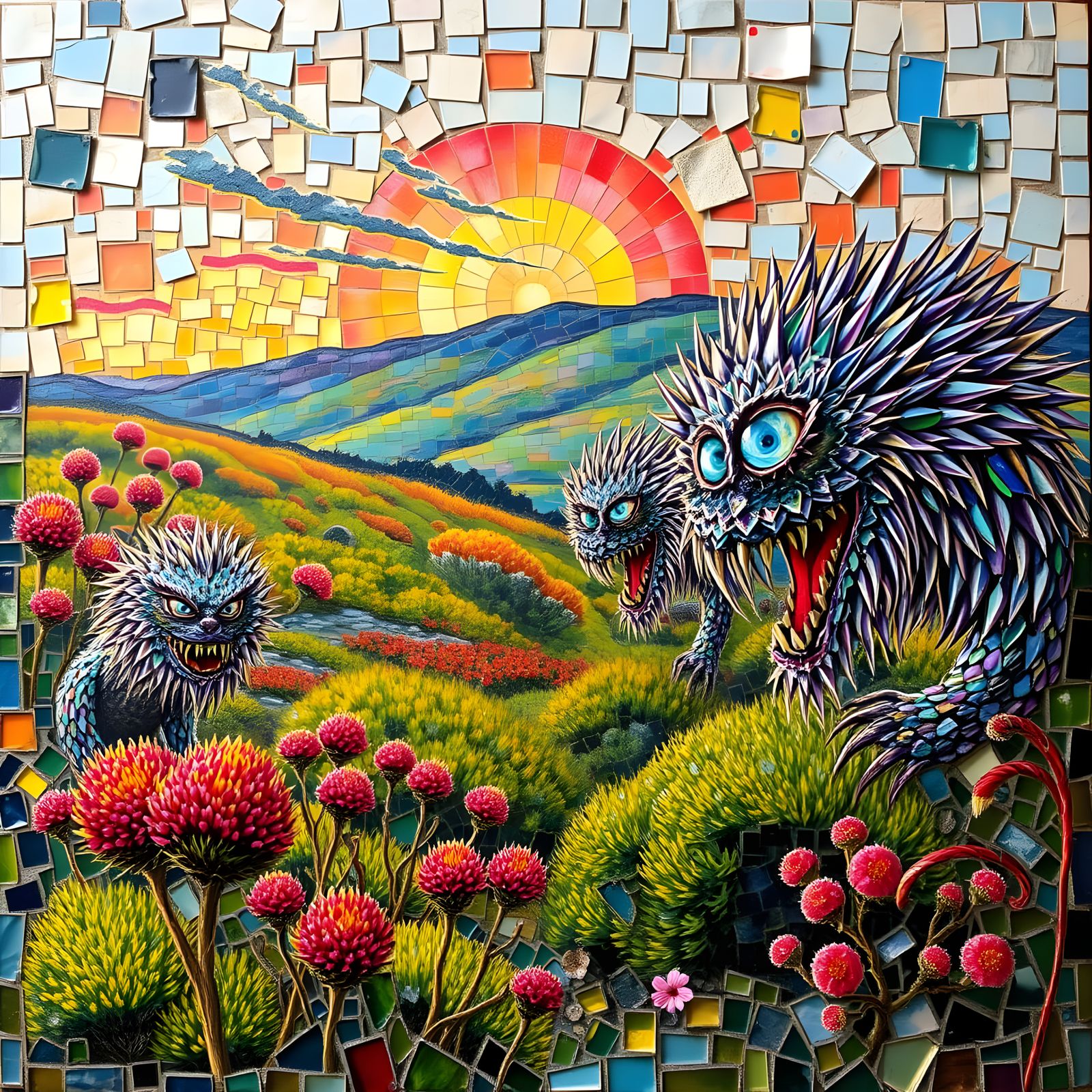 Vibrant Moorland Landscape with Mosaic Creatures