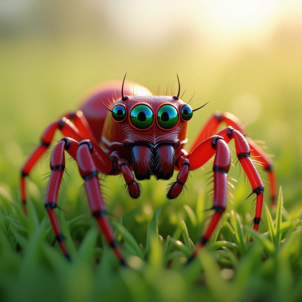 Red Spider on Grass: Hyperrealistic Detailed Art