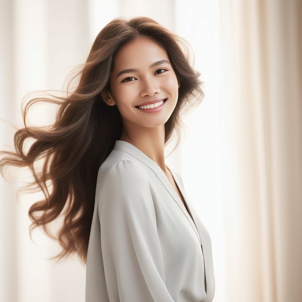 Elegant Modern Woman Radiates Timeless Charm in Serene Atmos...