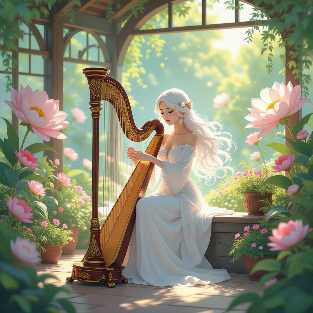 Celestial Harpist in Ghibli-Inspired Teahouse Garden