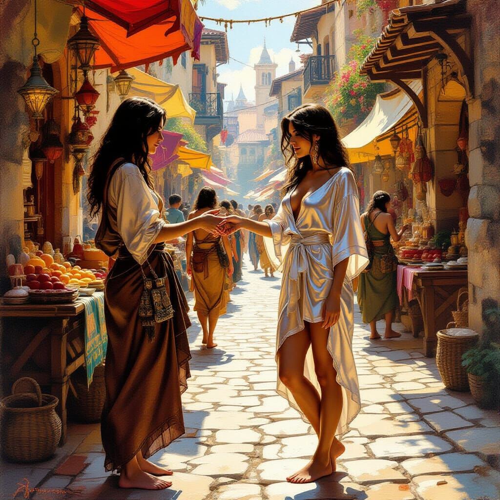 Fantasy Town Haggling Scene in Oil Painting Style
