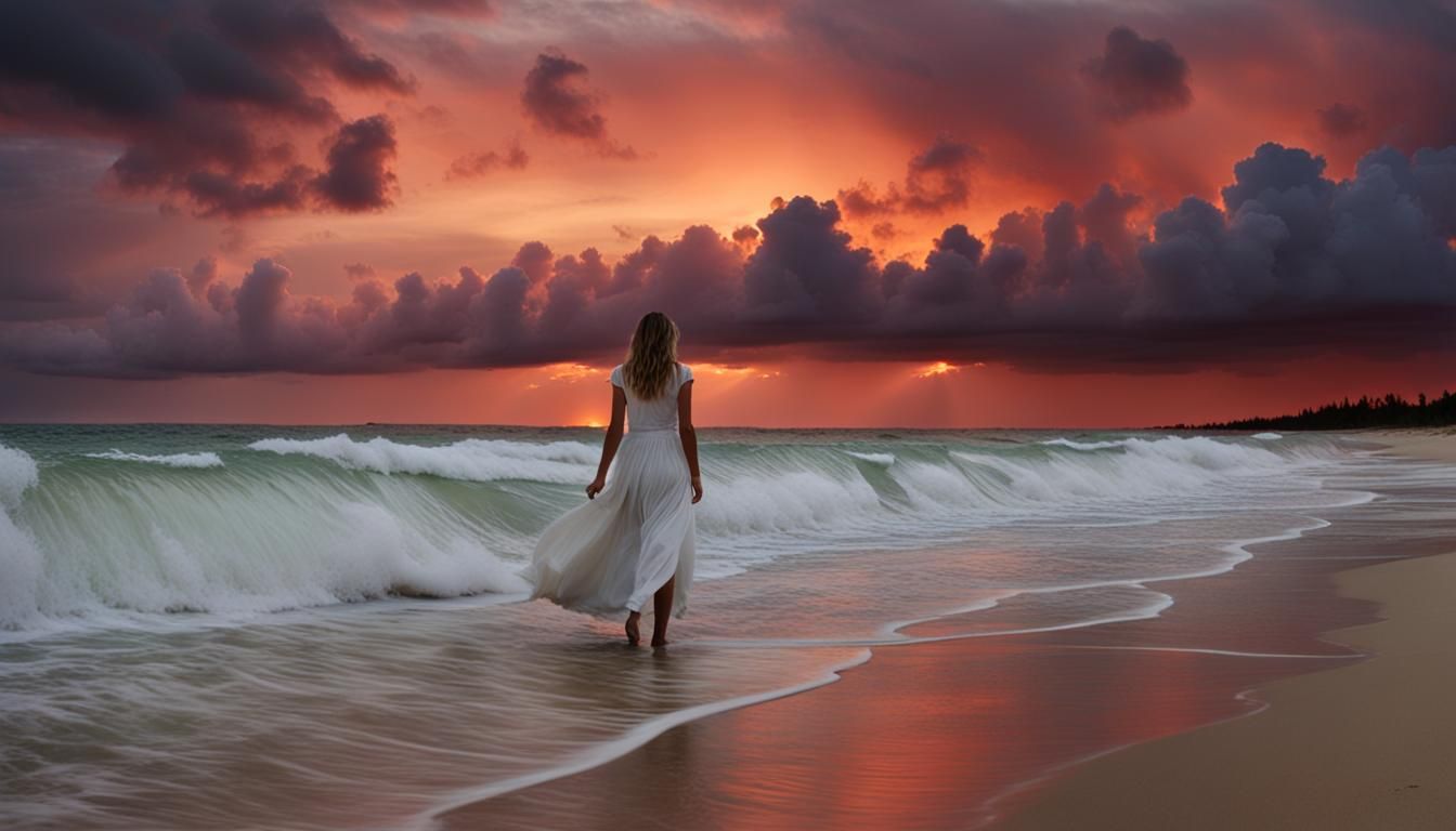 Woman Walks on Red Sunset Beach