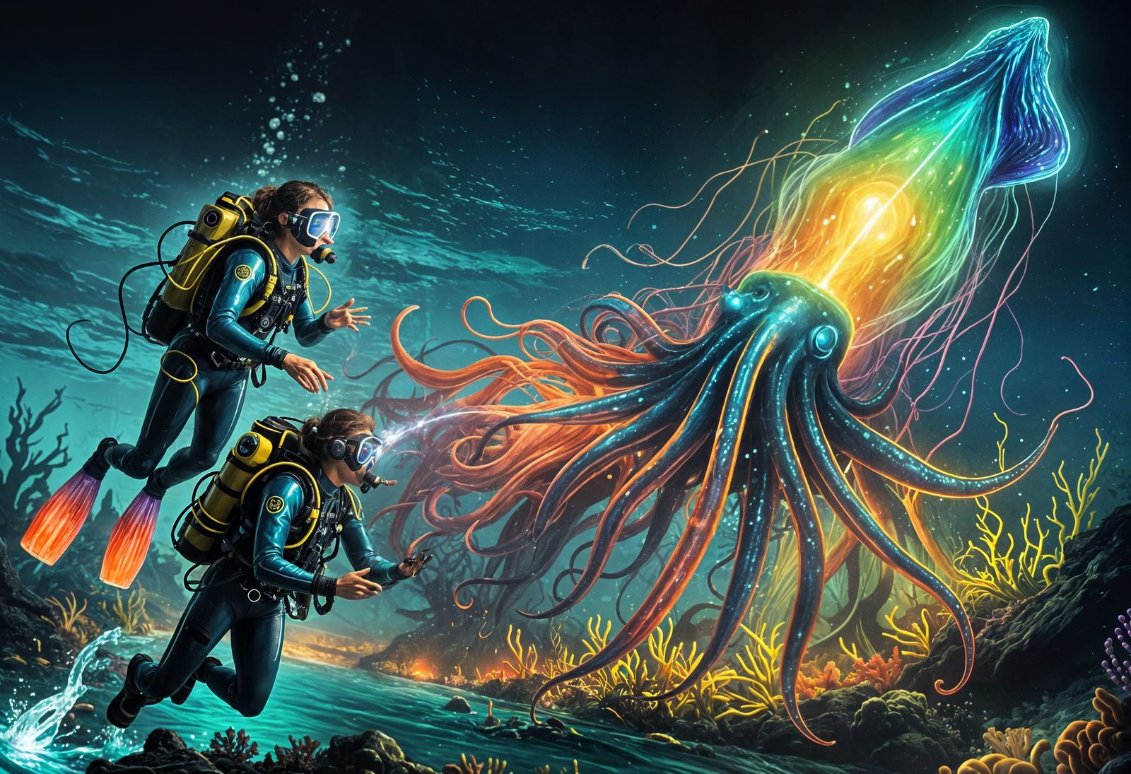 Colossal Squid Encounter in Vibrant Bioluminescent Hues