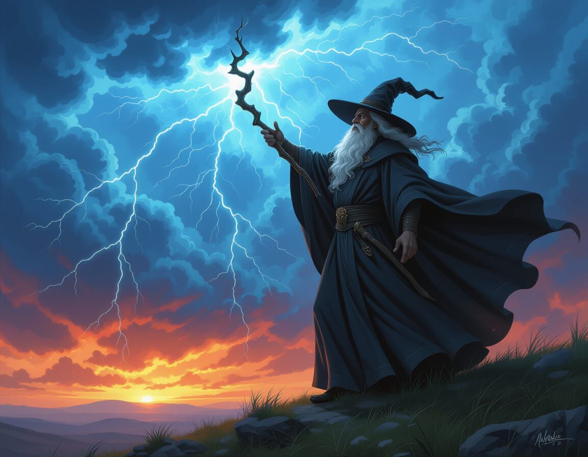 Wizard Summons Lightning Amidst Storm Clouds