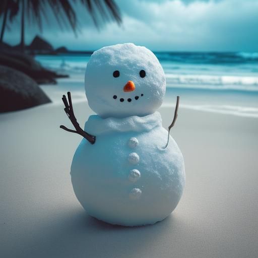 Snowman on Tropical Beach in Hyperrealistic Style