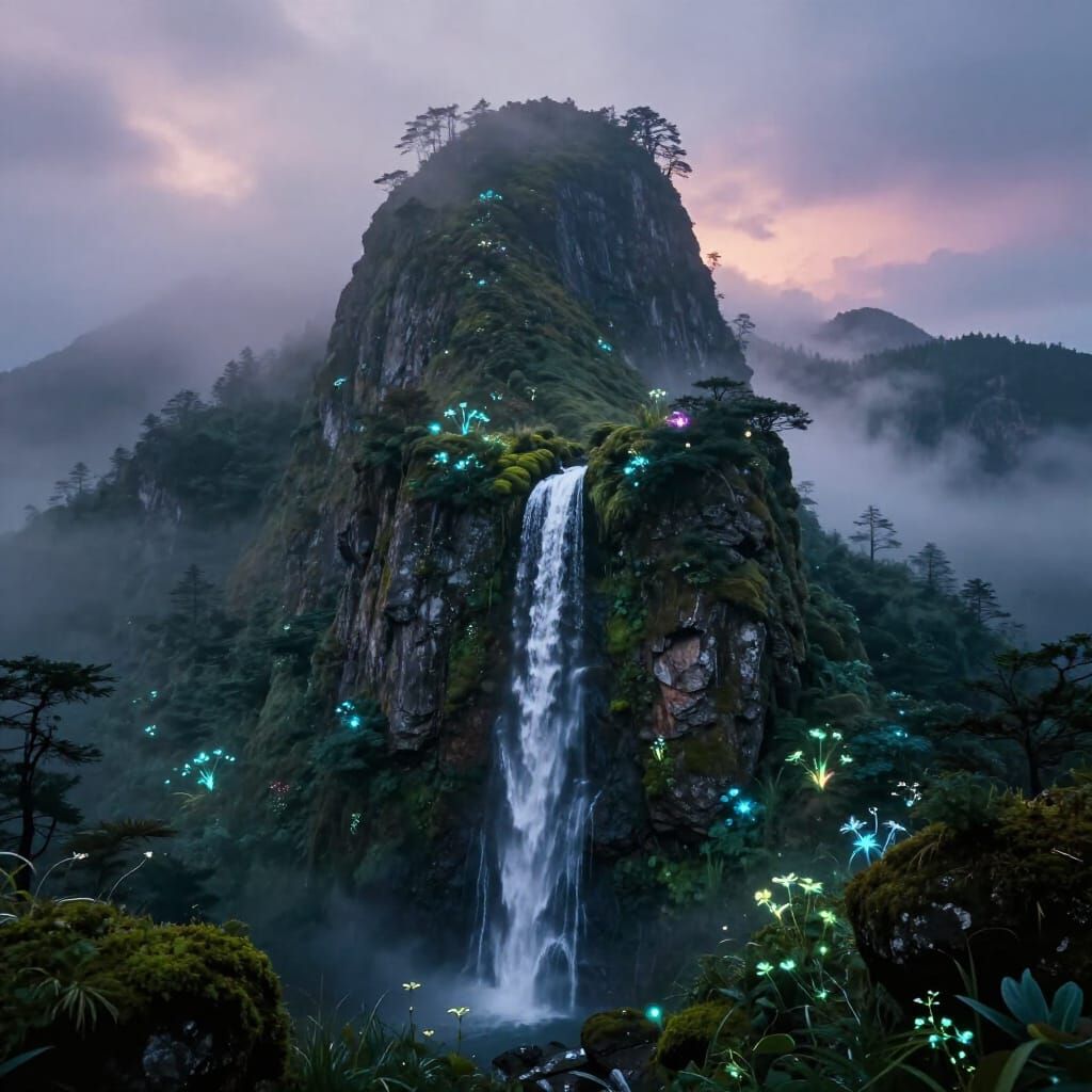 Ancient Misty Mountain Peak with Hidden Waterfall and Glowin...