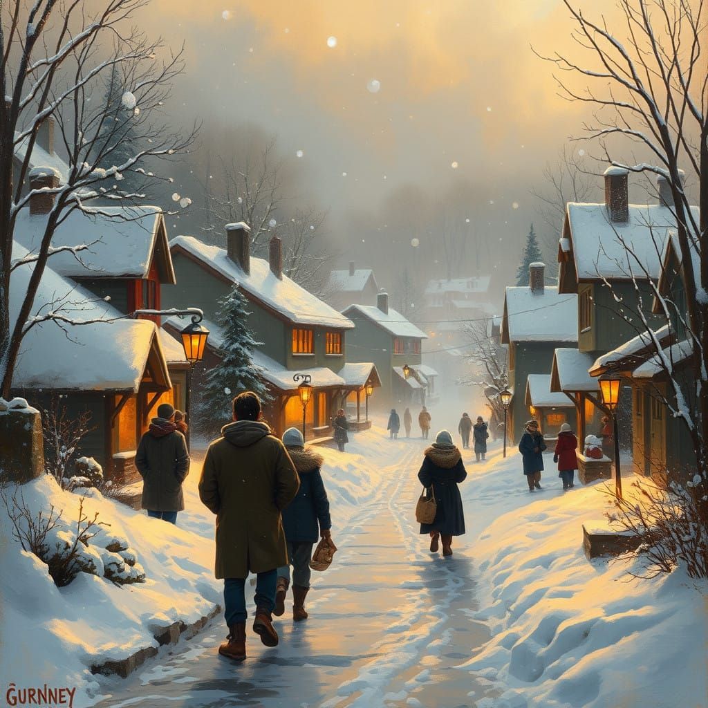 Winter Village Under Golden Light