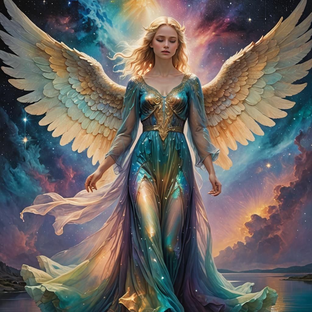 Nebula Angel in Iridescent Colors by the Lake