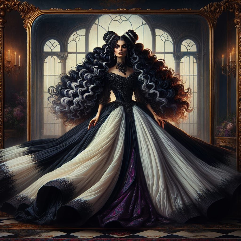 The image is of a woman in the midst of emerging from a full-length antique mirror.  She has extremely long wavy black h...