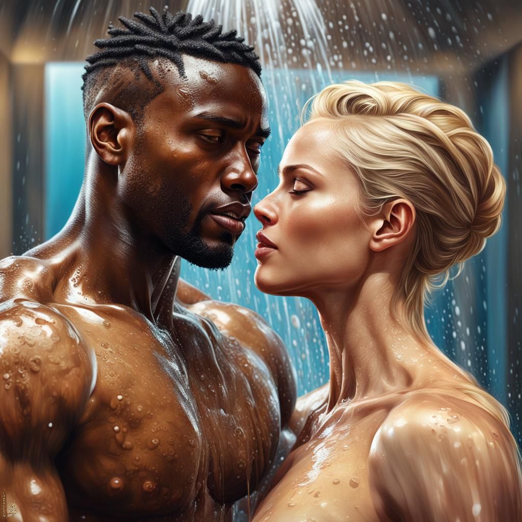 Hyperrealistic Shower Scene: Blonde Woman and Black Man