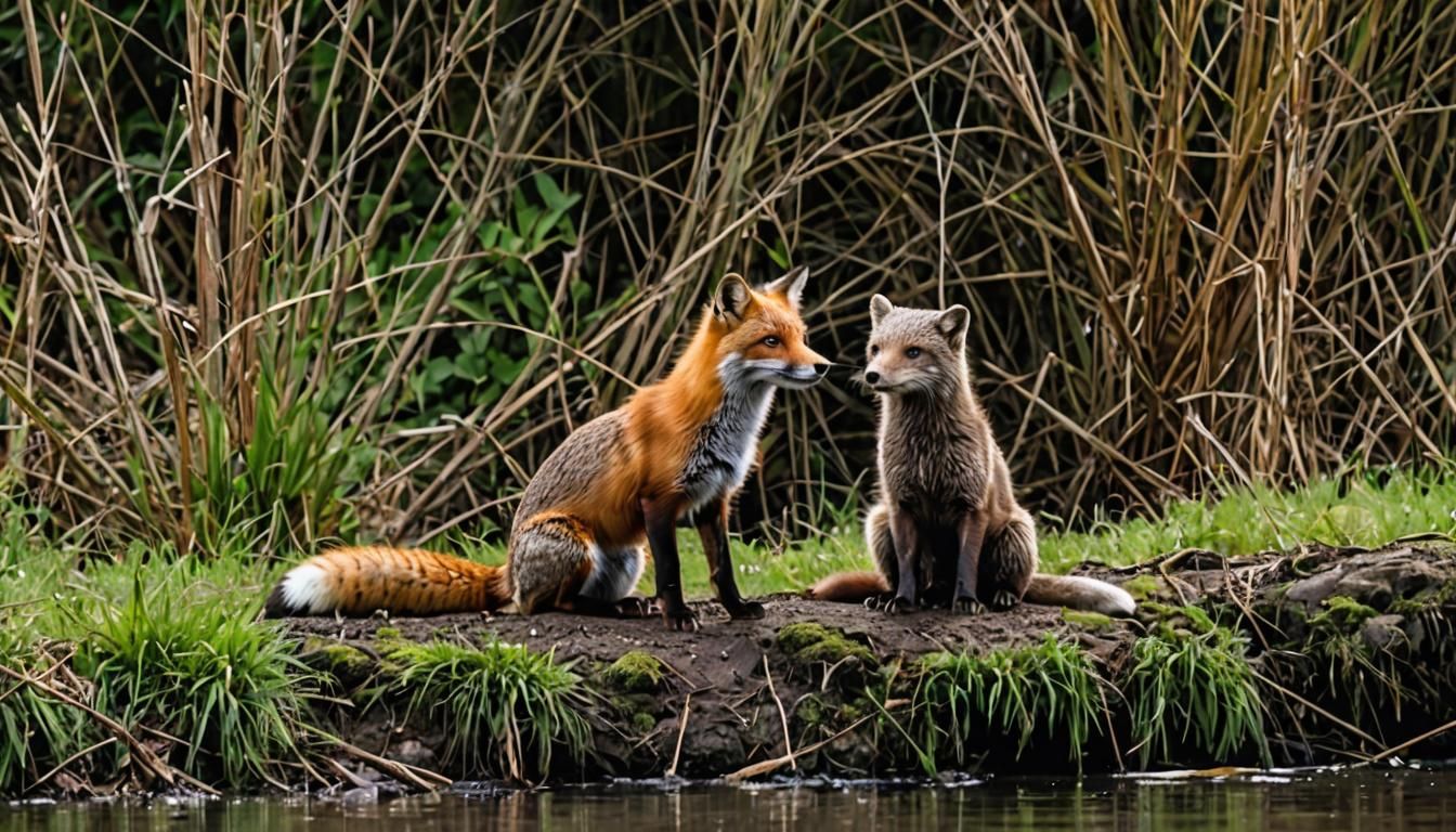 Fox and Otter Chatting by the River Bank