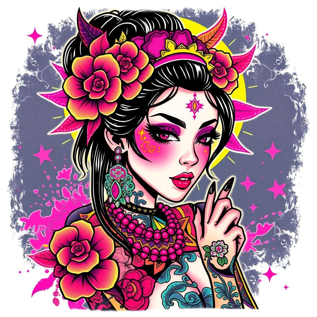 Japanese Rave Girl with Neon Tattoos in Pop Art