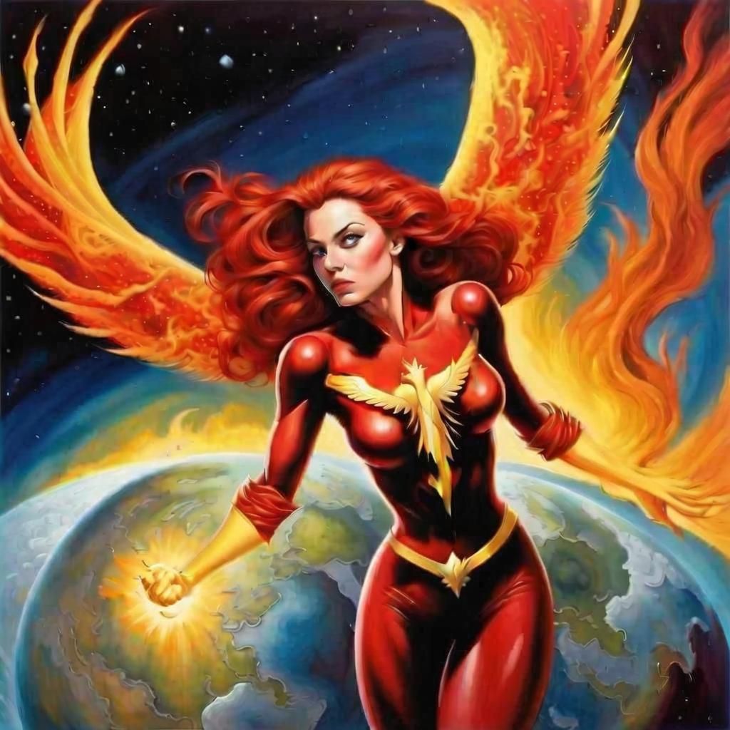 Dark Phoenix's Piercing Gaze: A Surreal Oil Painting