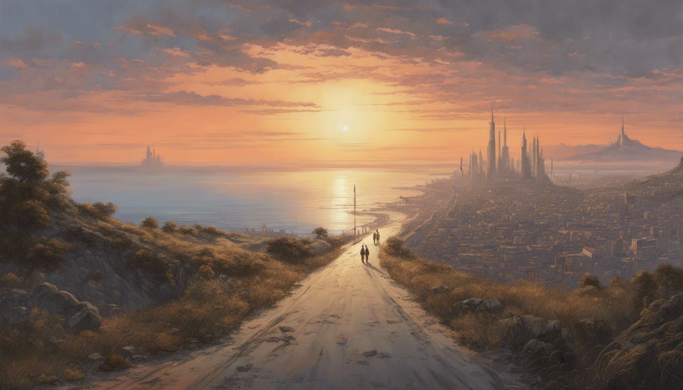 Futuristic City Sunrise Over Peaceful Beach Road