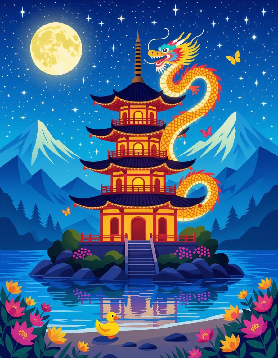 Glowing Pagoda with Dragon Under Starry Sky