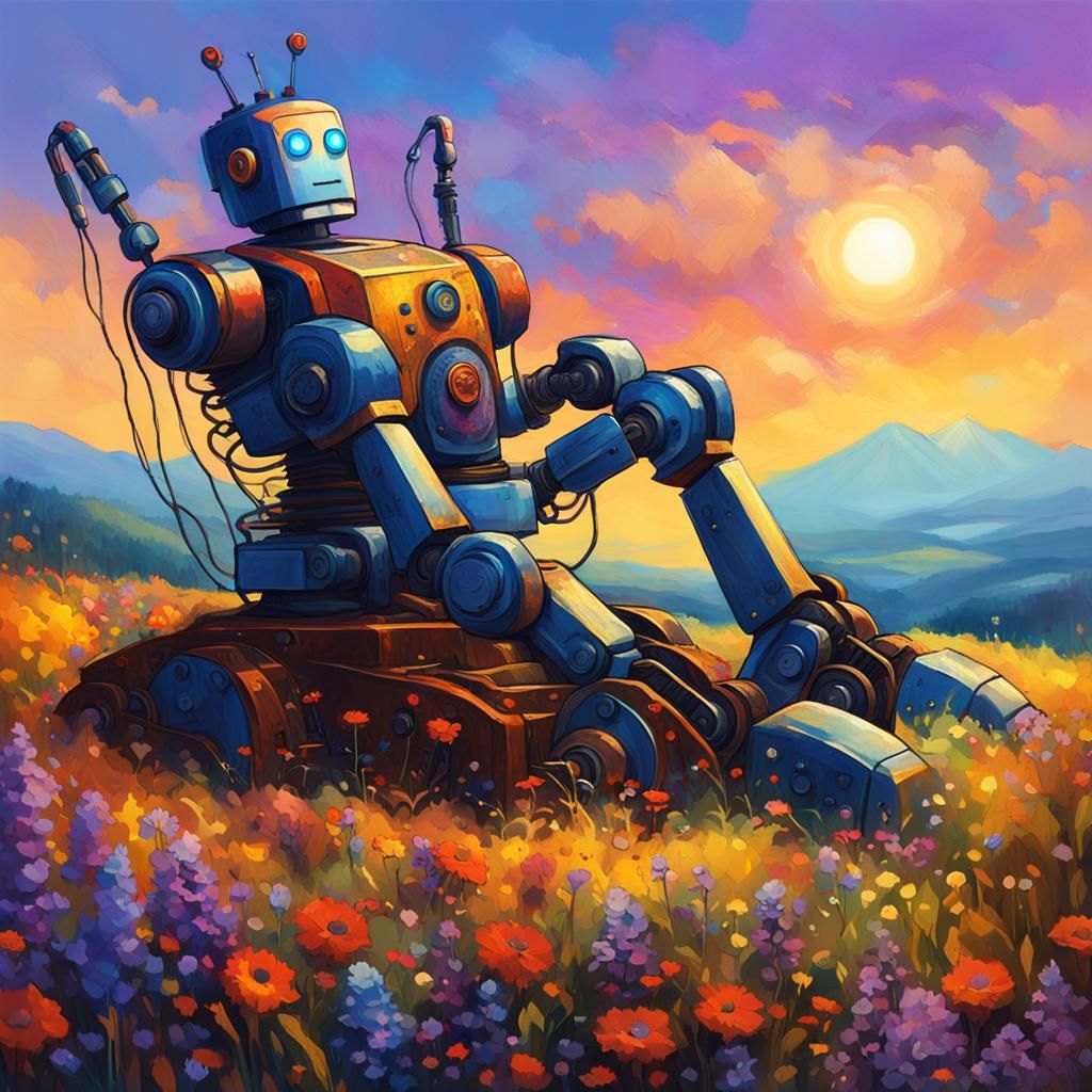 Robot Resting on Hill in Fantasy Oil Painting