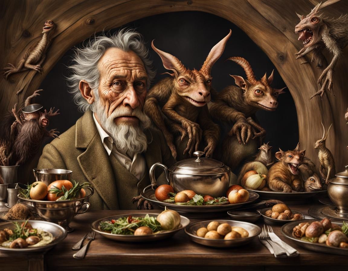 Surreal Restaurant with Bizarre Creatures as Food