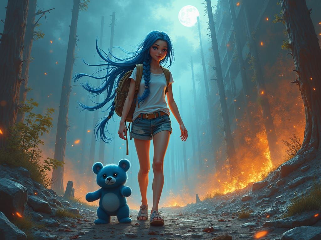 Post-Apocalyptic Woman and Bear in Hellscape