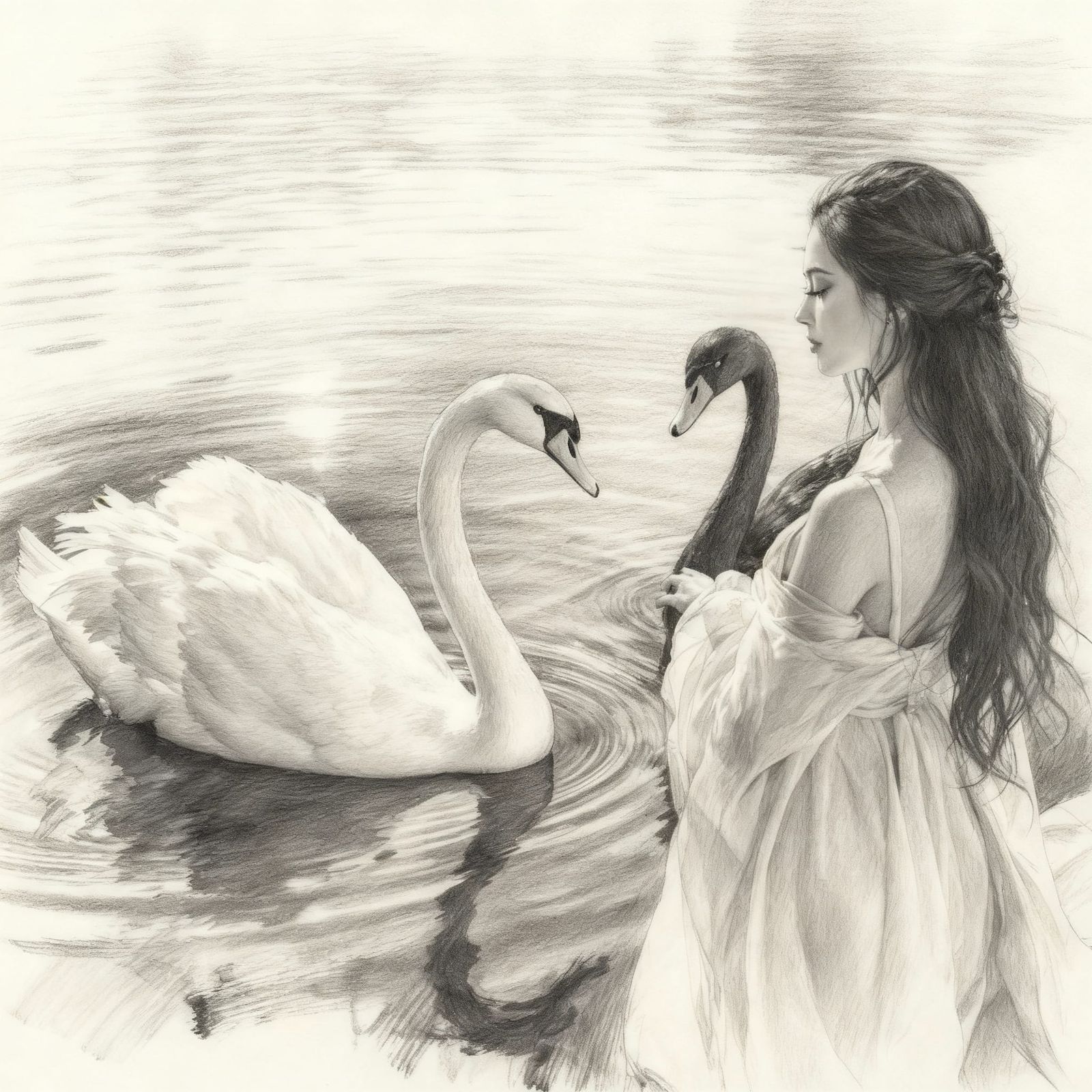 Serene Morning Lake Scene with Swans and Woman