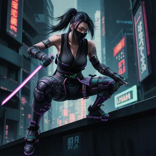 Cyberpunk Ninja Leaps with Katana in Neon City