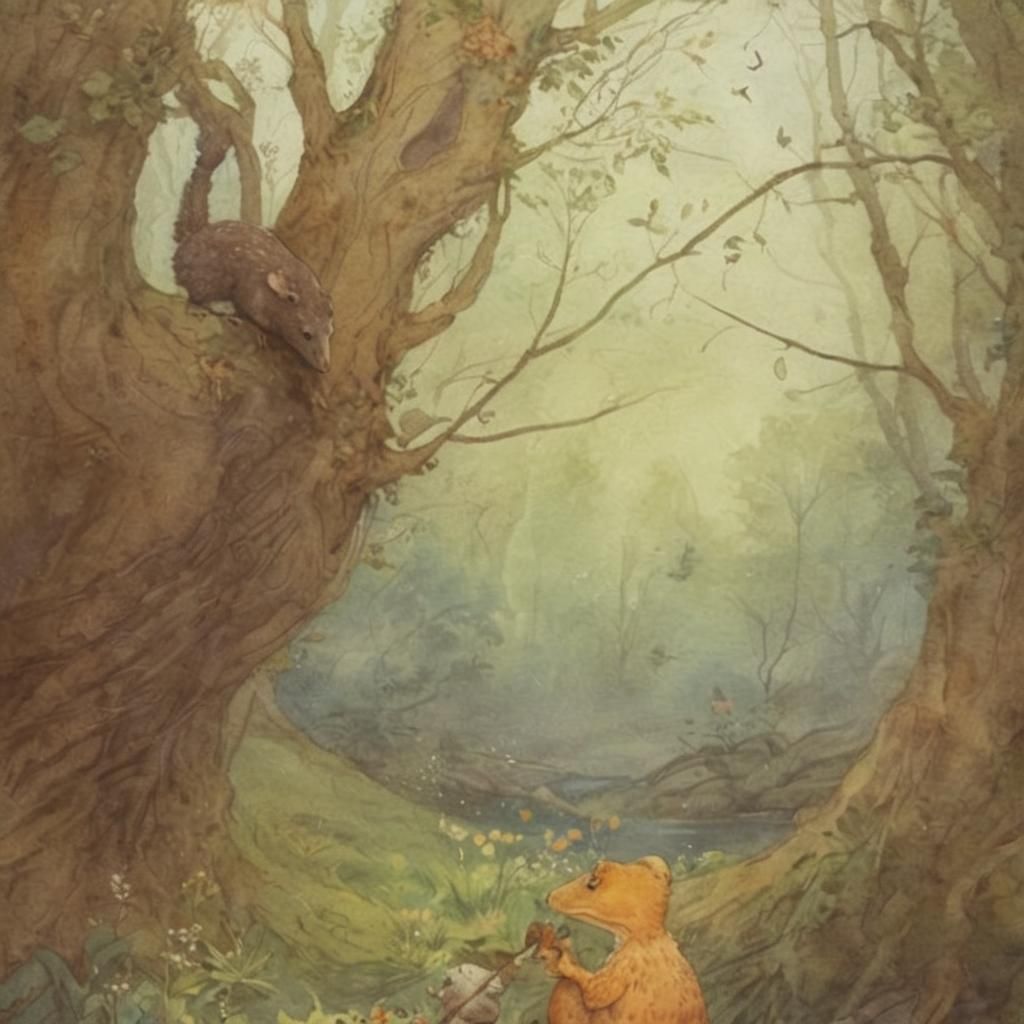 Whimsical Riverbank Picnic in Watercolor Style