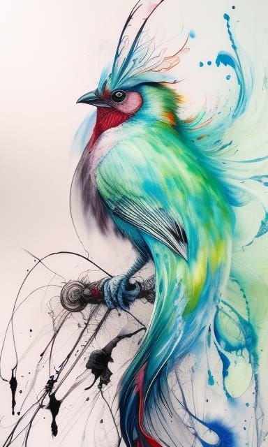 Colorful Bird: Detailed Gouache and Ink Illustration