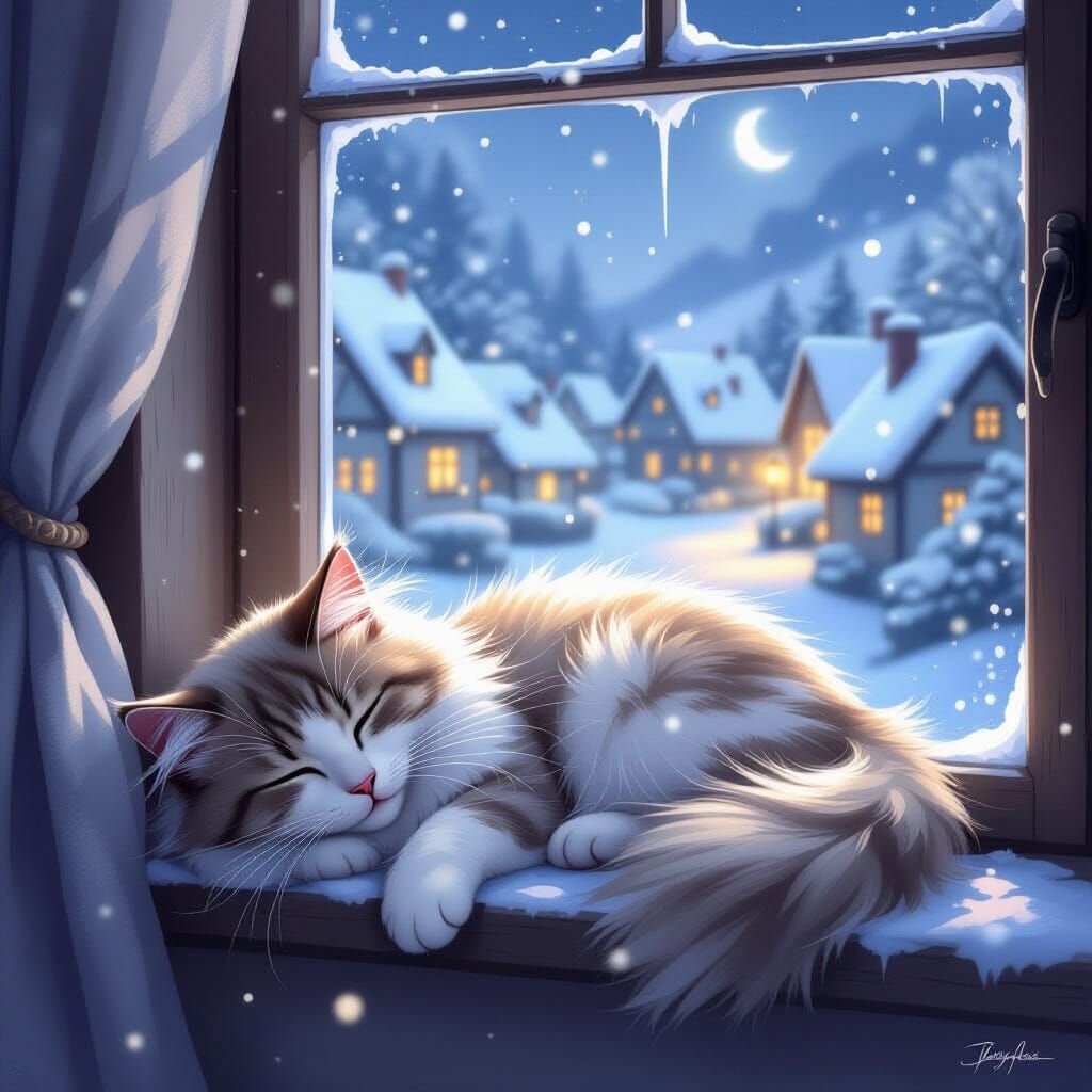 Peaceful Cat Napping by Moonlit Window